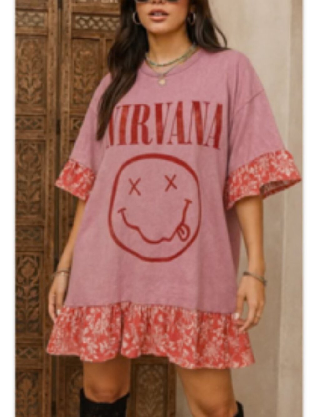 NWT Nirvana Graphic Ruffle Hem T Shirt Dress Pink Oversized Runs Small